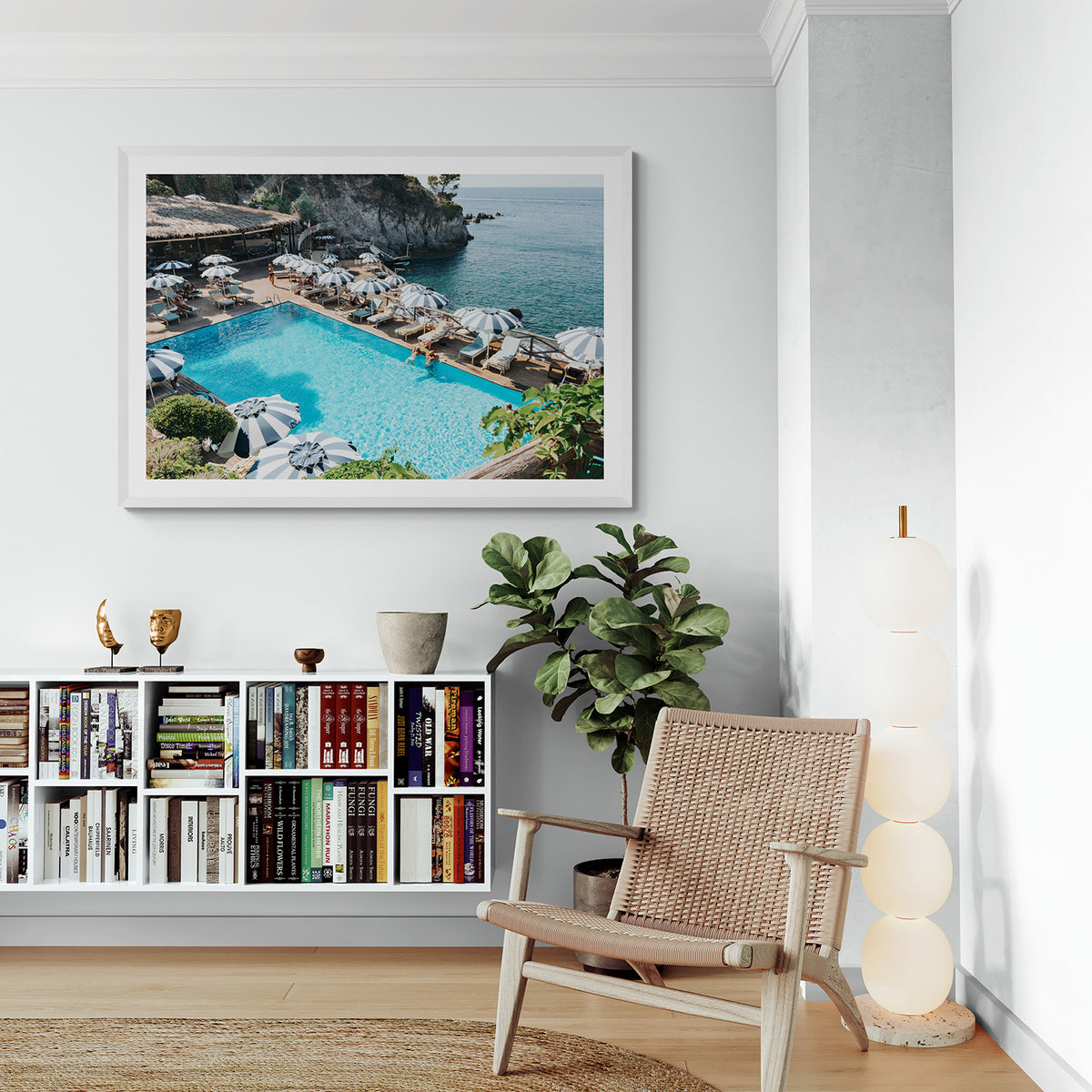 Oceanview Italian Ischia Italian coastal wall art white framed print styled in a room