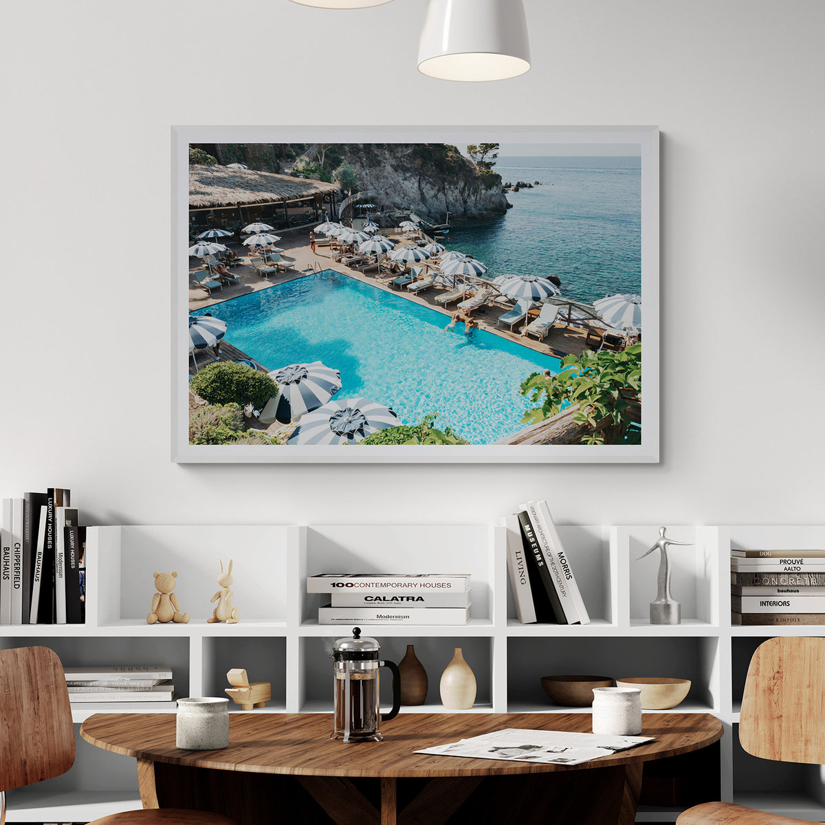 Oceanview framed wall art print styled in a dining room interior