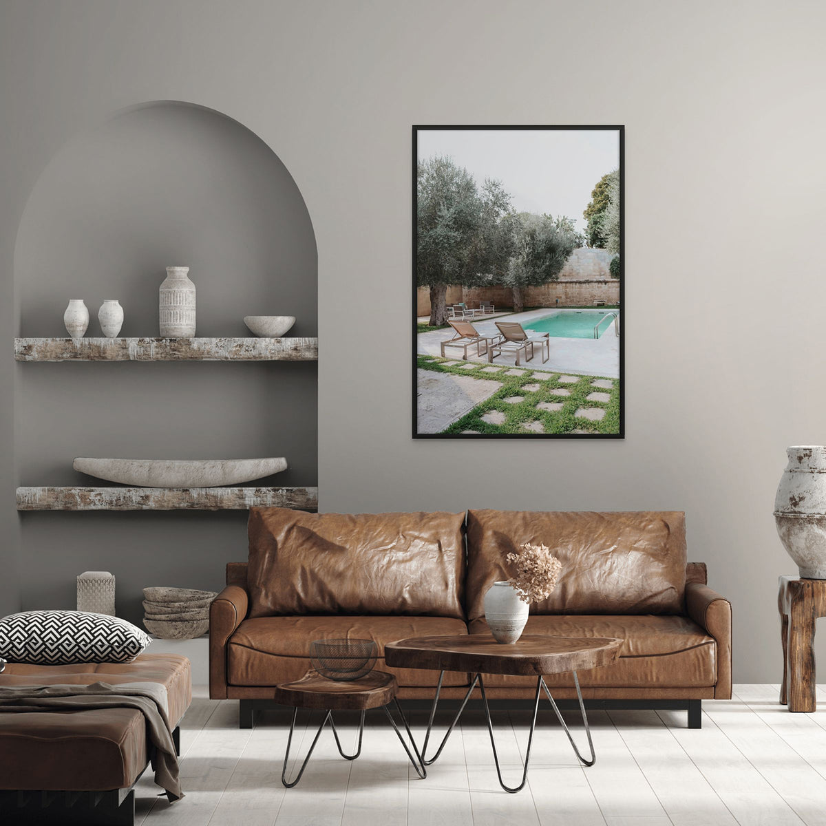 Olive Oasis Puglia Mediterranean wall art black framed print styled in a room