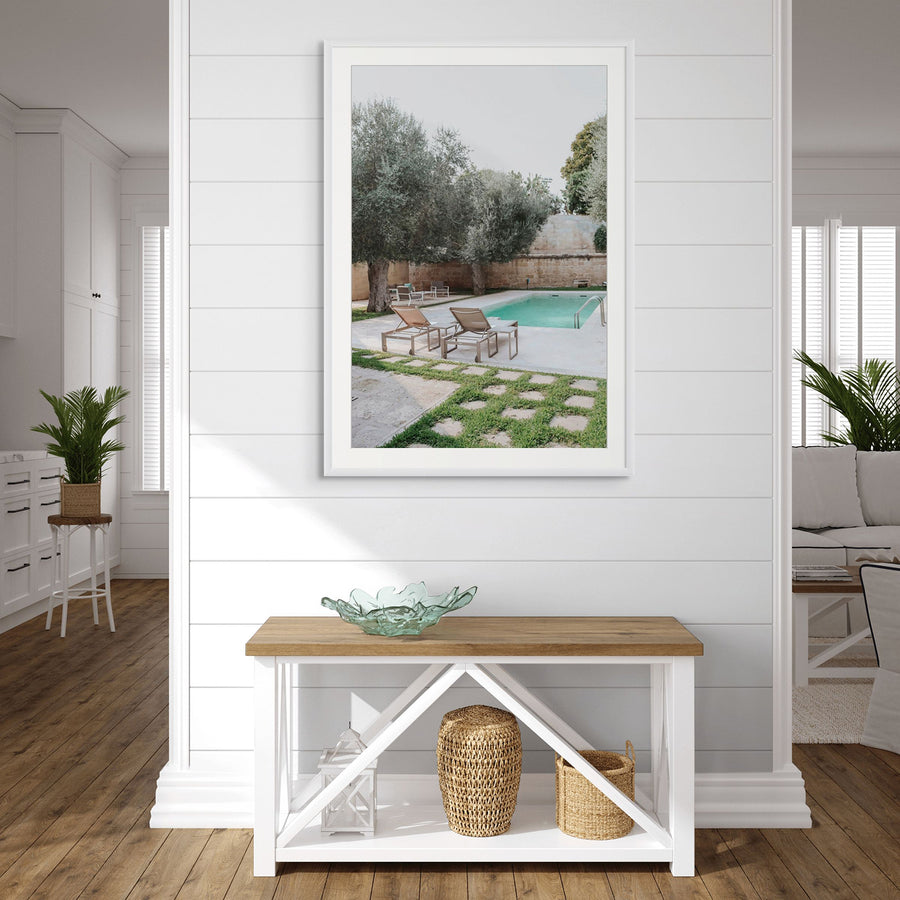 Olive Oasis Puglia Mediterranean wall art white framed print styled in a room