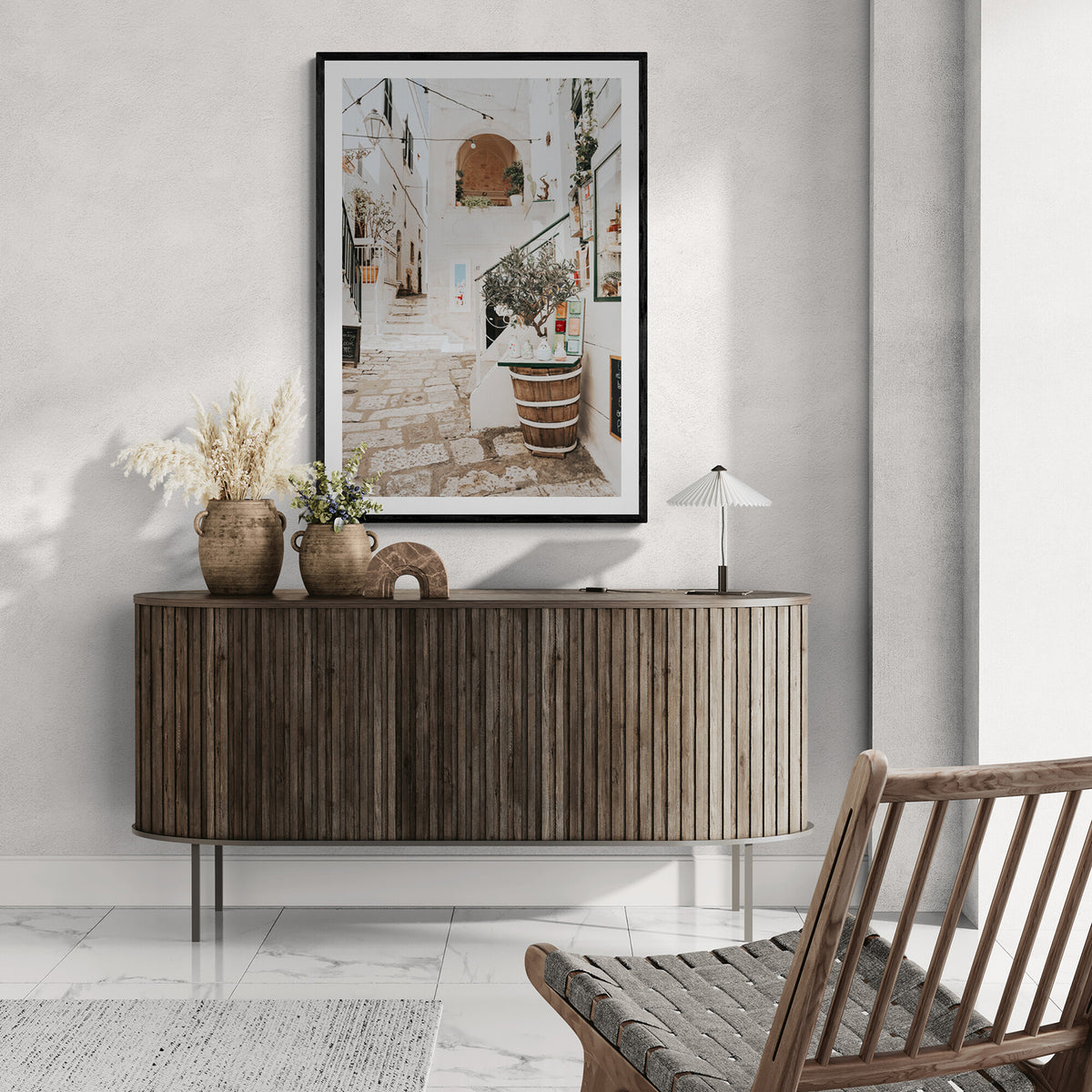 Olive Tree Lane Puglia Ostuni Mediterranean decor wall art black framed print styled in a room