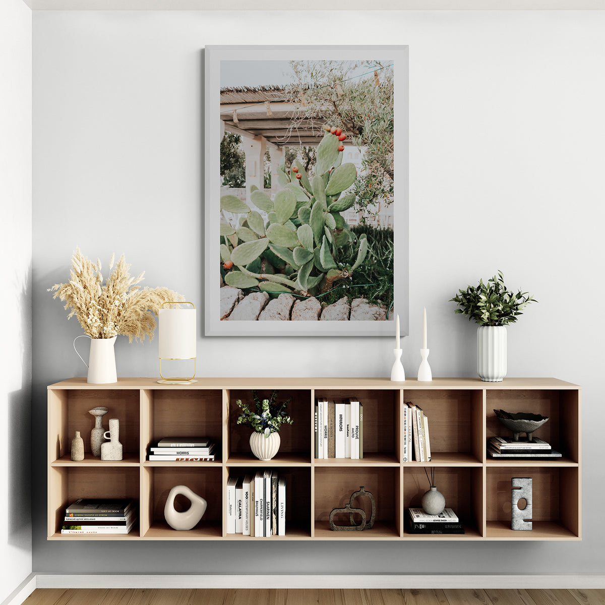 Opuntia Beauty Puglia wall art white framed print styled in a room