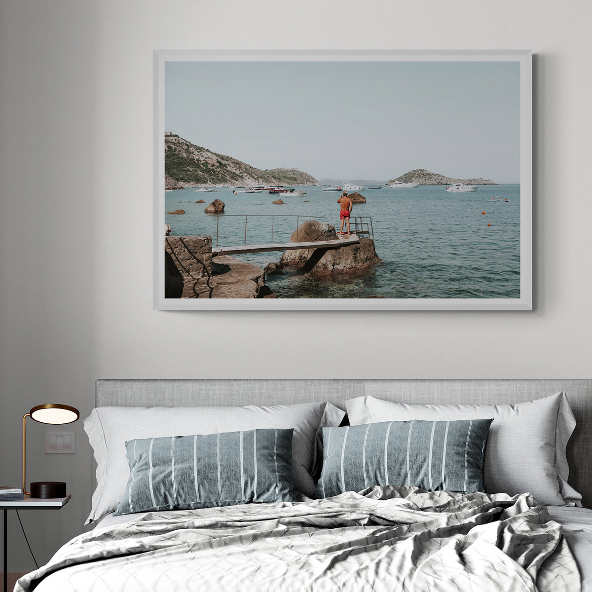 Out Of Office Tuscany coastal Italian wall art white framed print styled in a room