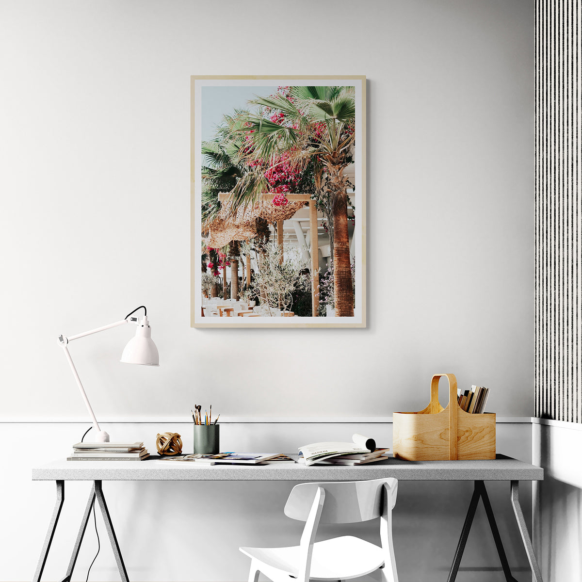 Palm Trees framed wall art print styled in a home office interior
