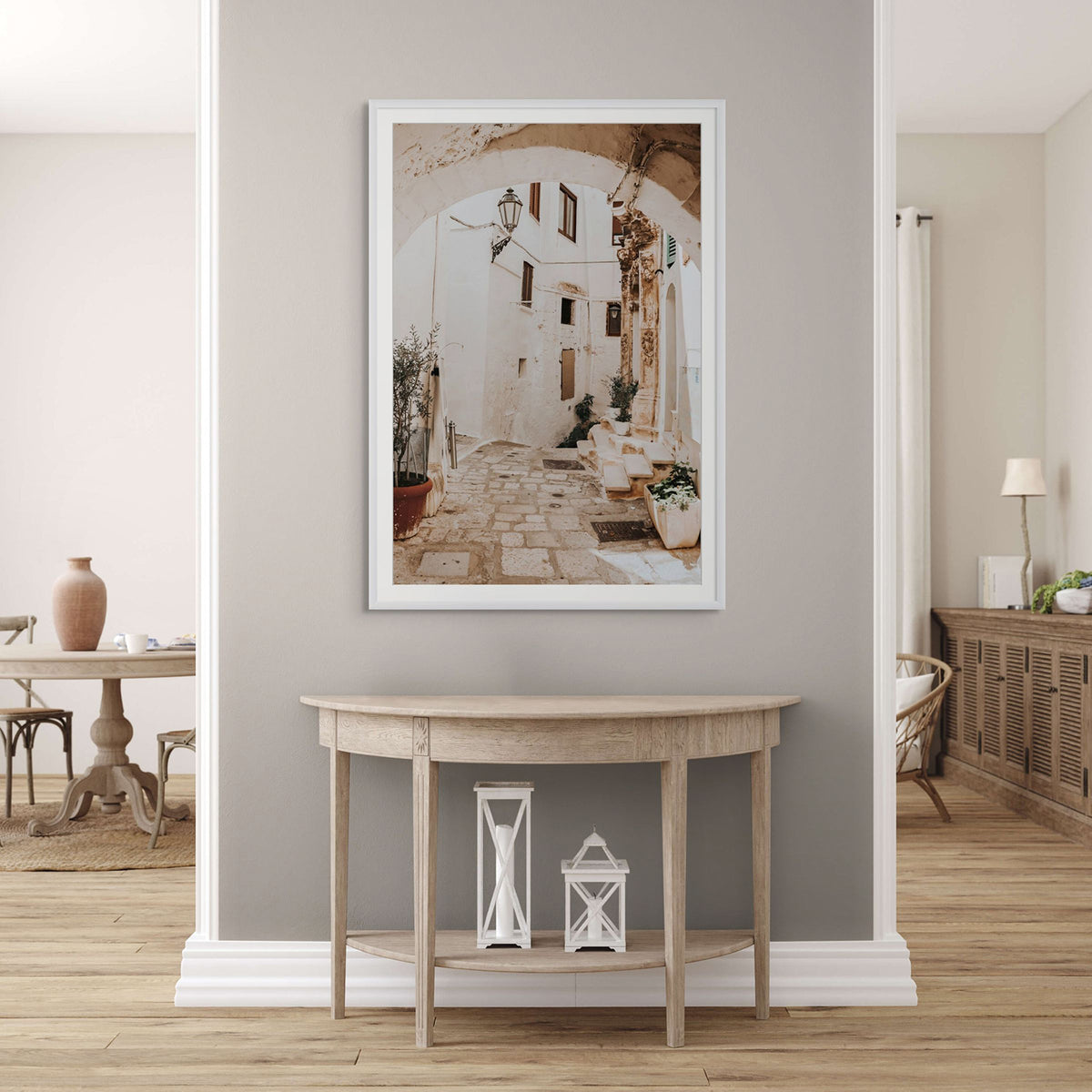Pathway Wander Puglia Ostuni wall art white framed print styled in a room