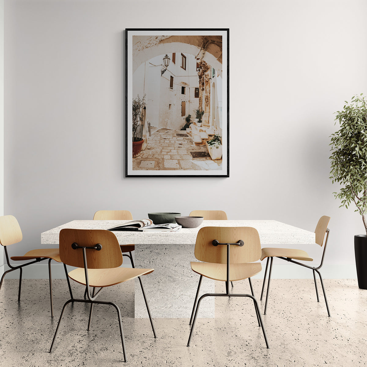 Pathway Wander Puglia Ostuni wall art black framed print styled in a room