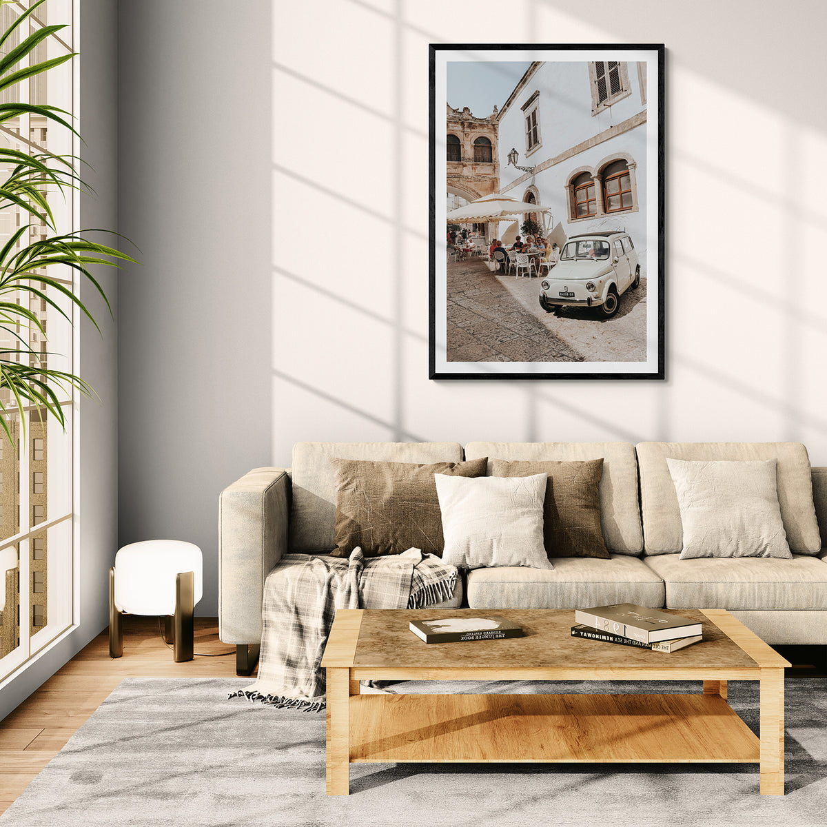 Piazza di Ostuni Puglia Italian wall art black framed print styled in a room