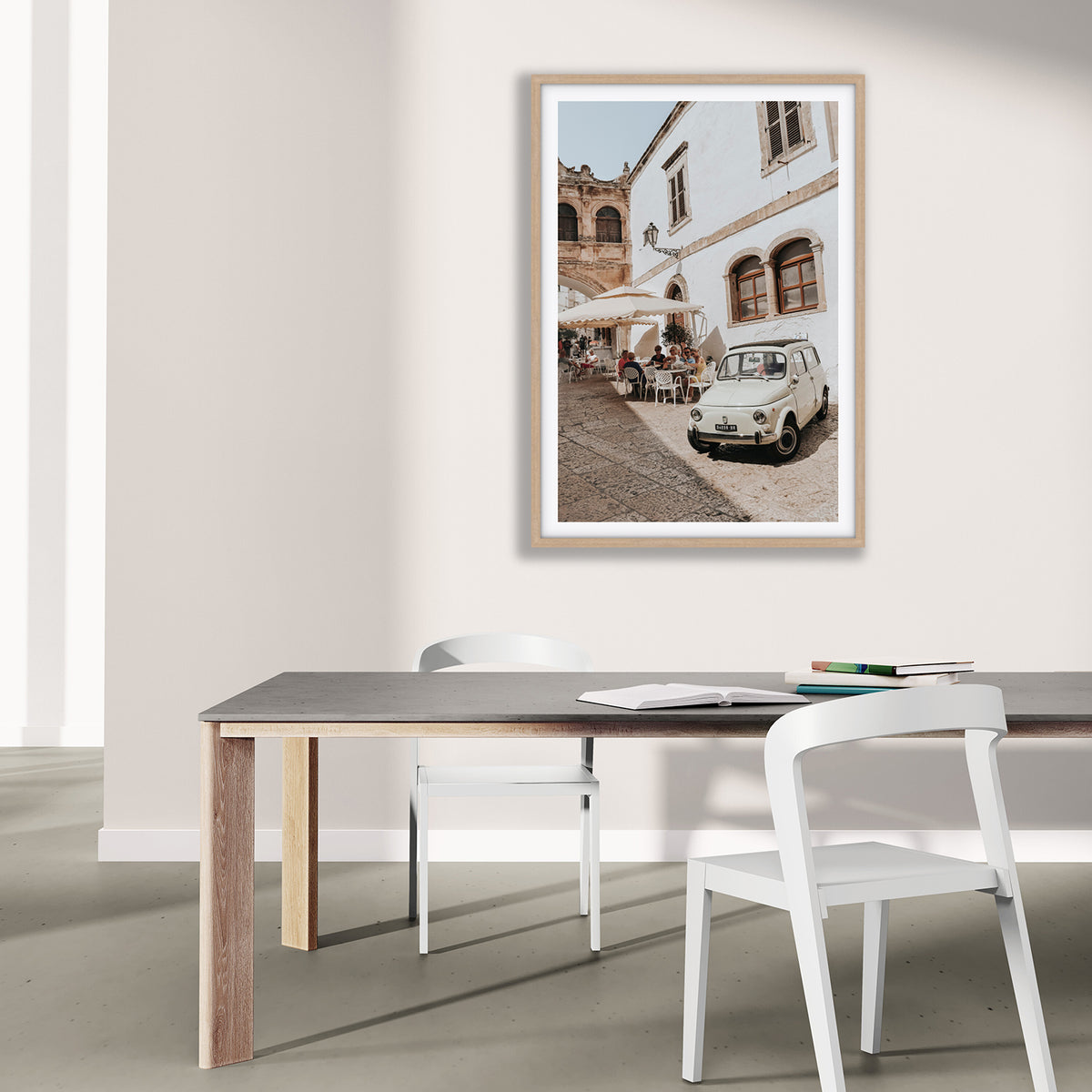Piazza di Ostuni Puglia Italian wall art natural oak framed print styled in a room