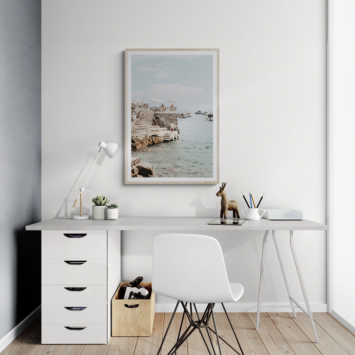 Pier Patrol framed wall art print styled in a home office interior