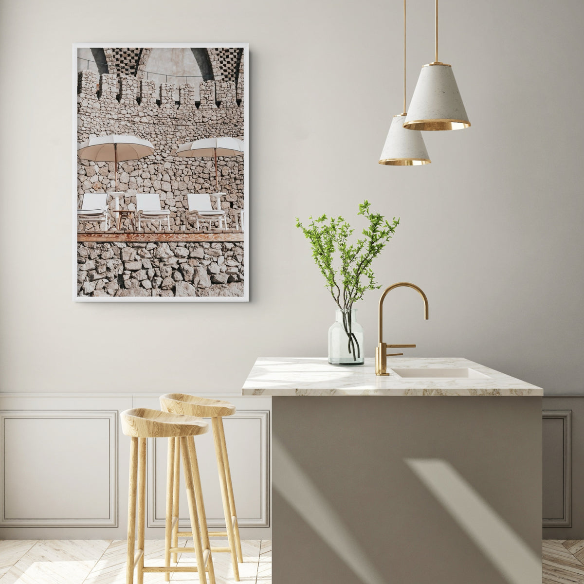 Product mockup of Pietra Amalfitana full-bleed fine art print in white frame styled in a room