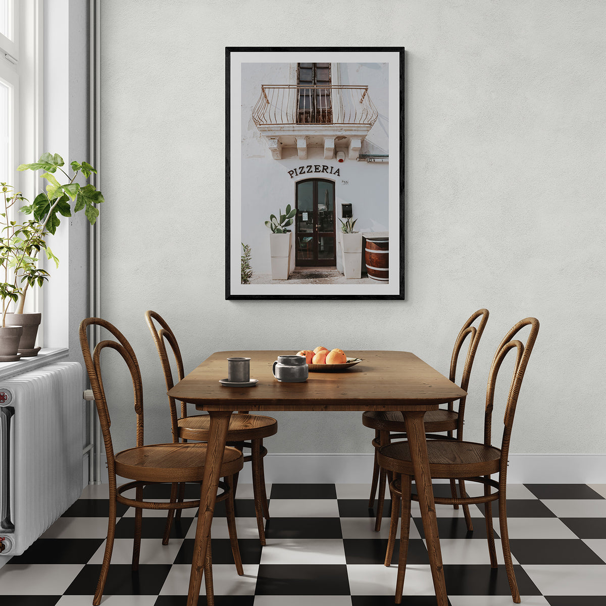 Pizzeria Puglia Italian wall art black framed print styled in a room