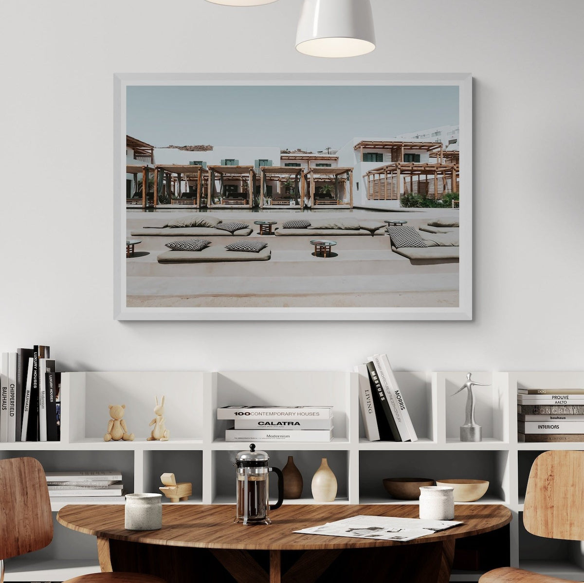 Platis Gialos Mykonos beach Greek island wall art white framed print styled in a room