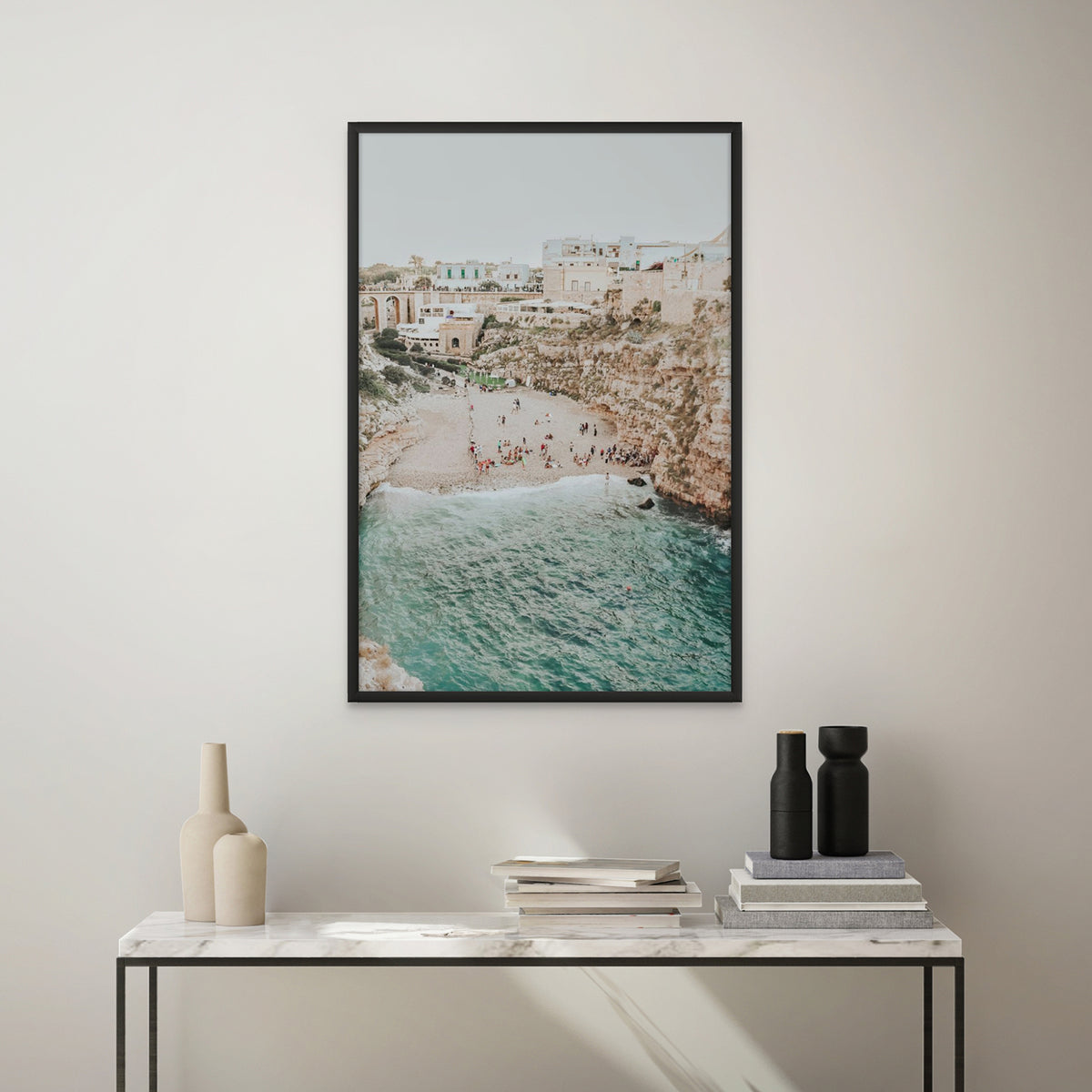 Polignano Vista Puglia coastal Italian beach fine art print black framed print styled in a room
