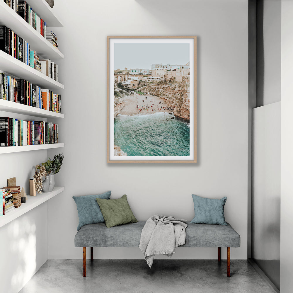 Polignano Vista Puglia coastal Italian beach fine art print natural oak framed print styled in a room