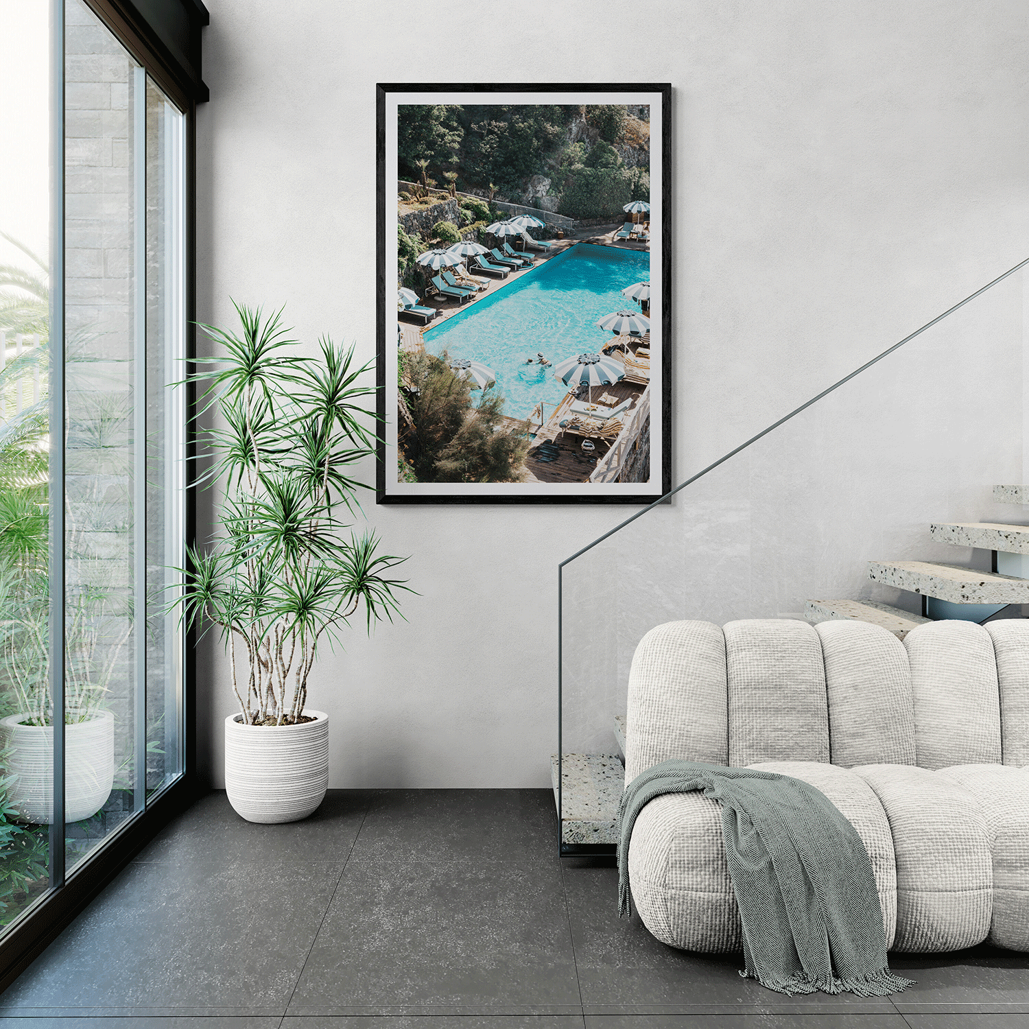 Poolside Paradise Italian Ischia Mediterranean wall art black framed print styled in a room