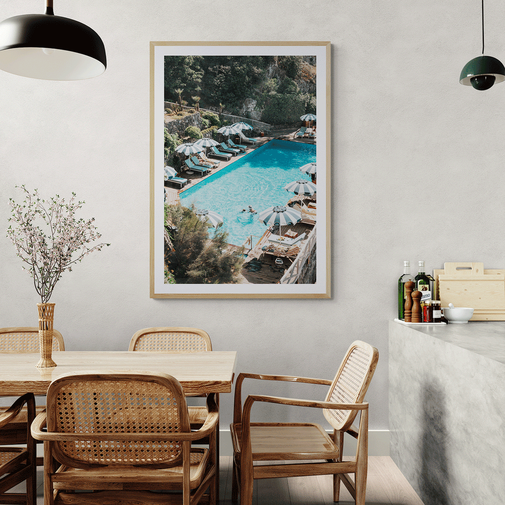 Poolside Paradise Italian Ischia Mediterranean wall art natural oak framed print styled in a room