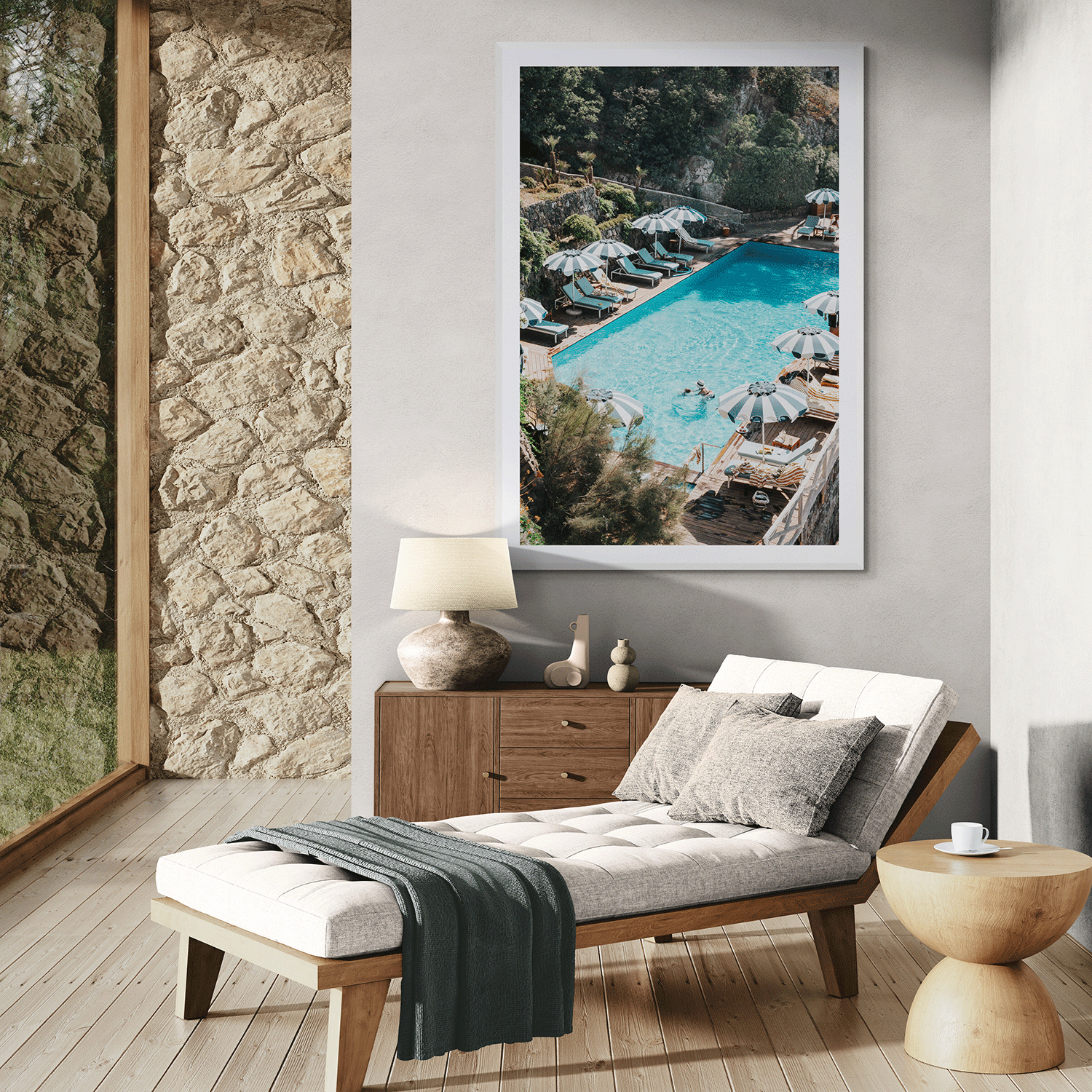 Poolside Paradise Italian Ischia Mediterranean wall art white framed print styled in a room view 3
