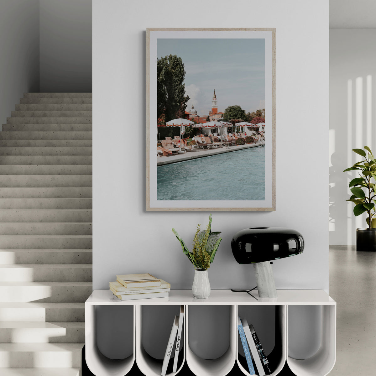 Poolside Perch framed wall art print styled in a hallway interior