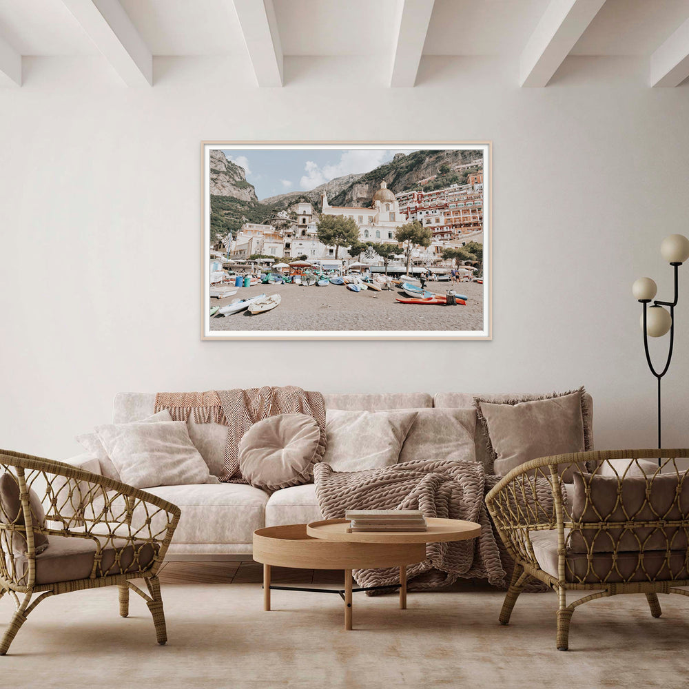 Pastel Paradise Positano wall art natural oak framed print styled in a room