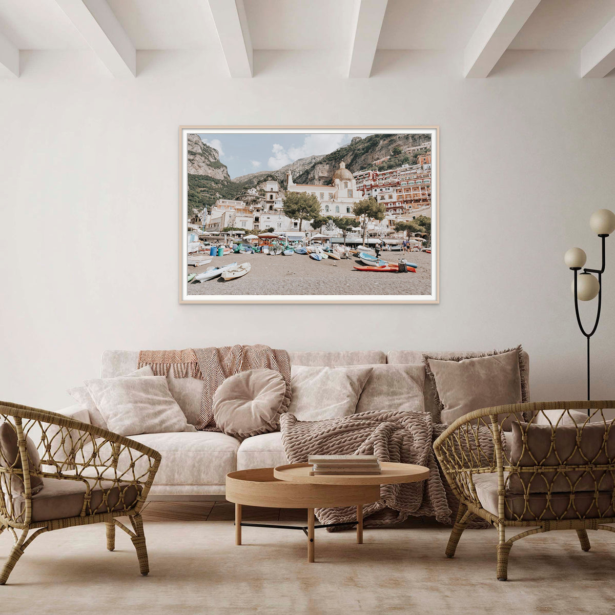 Pastel Paradise Positano wall art natural oak framed print styled in a room