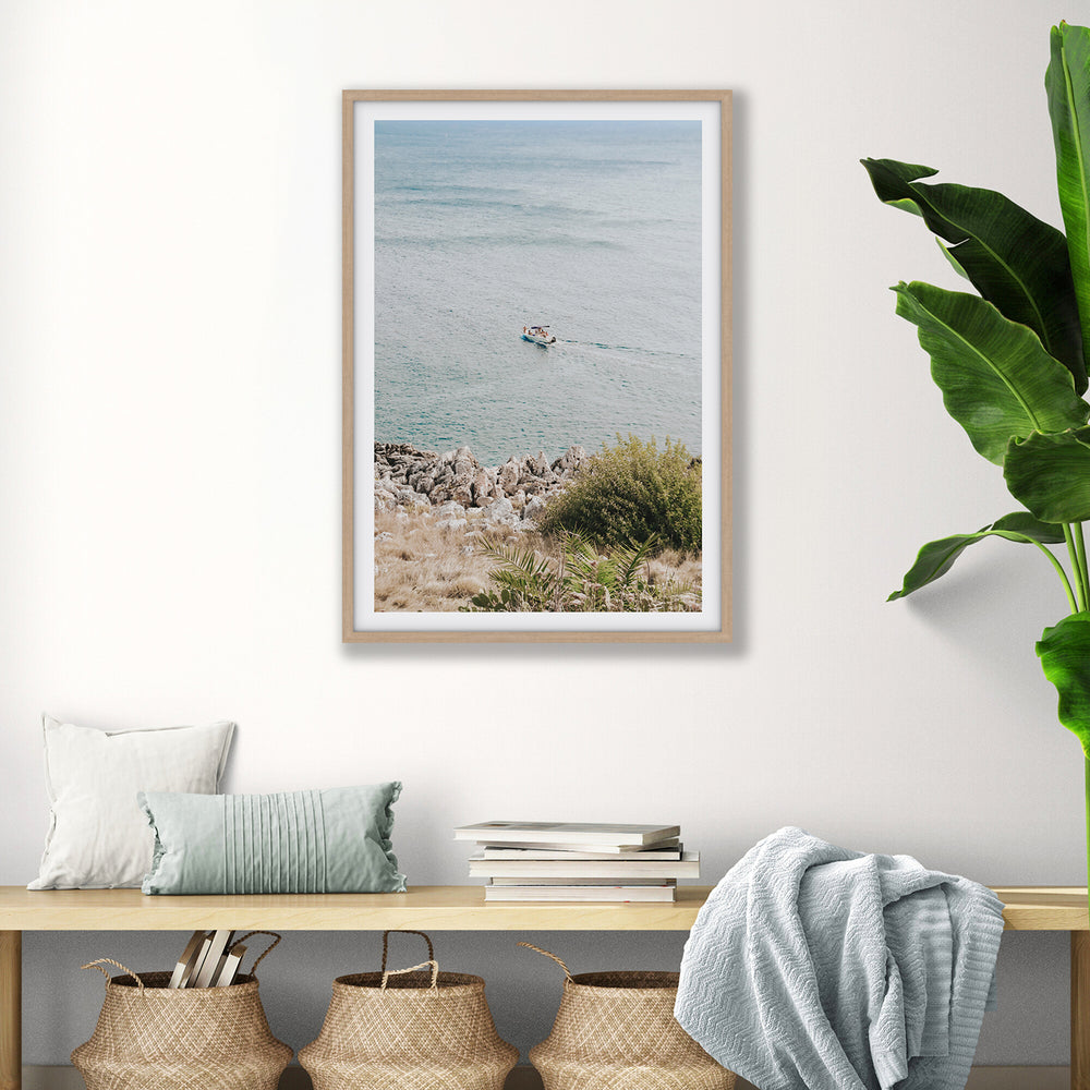 Puglian Departure Puglia coastal Italian wall art natural oak framed print styled in a room
