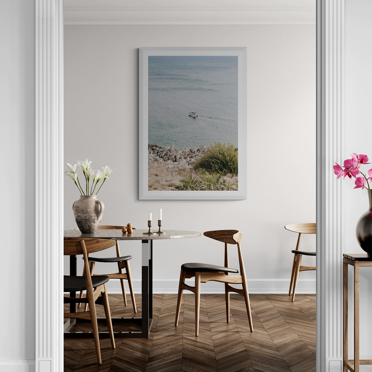 Puglian Departure Puglia coastal Italian wall art white framed print styled in a room