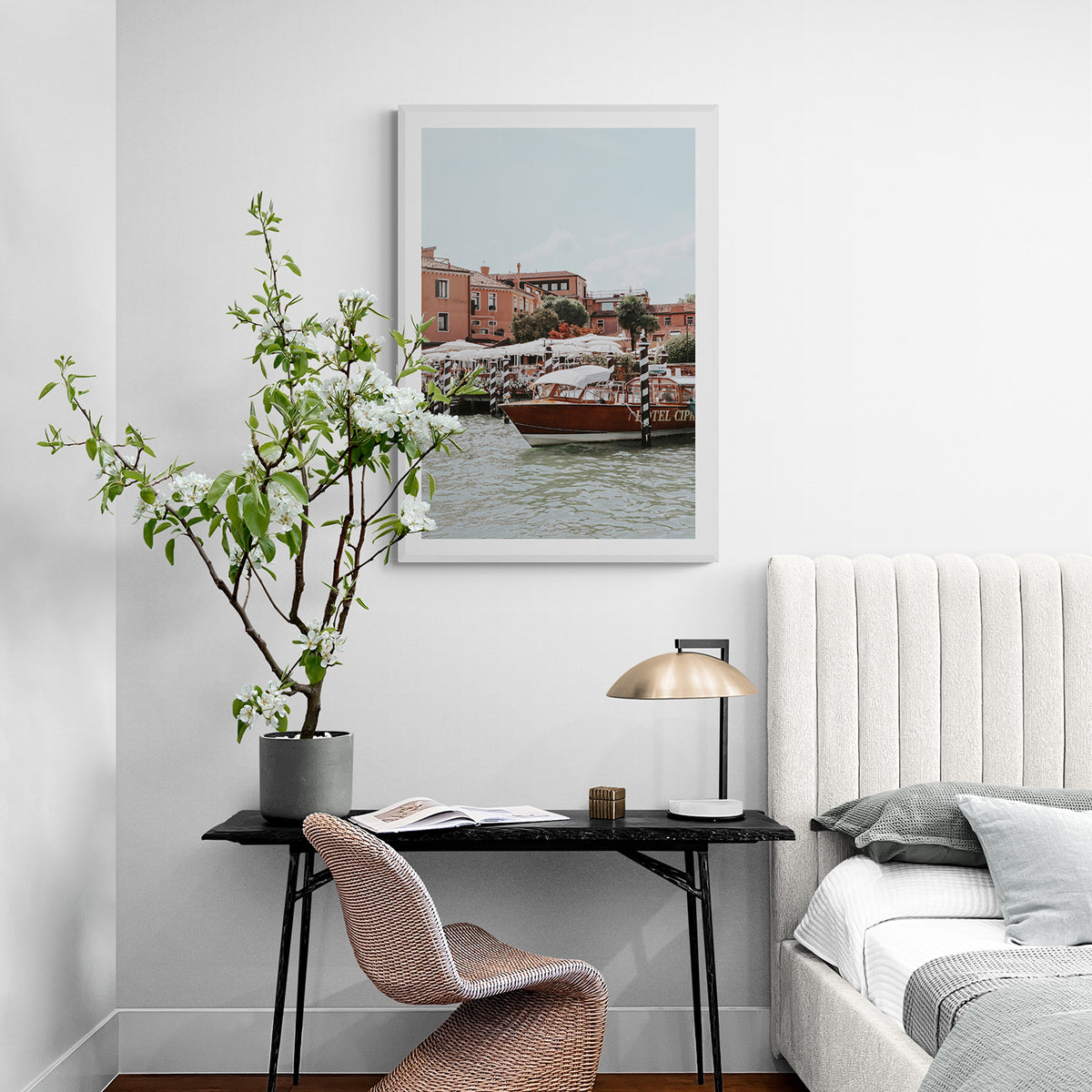 Queen of the Adriatic framed wall art print styled in a bedroom interior