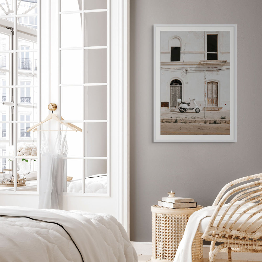 Radiant Ride Puglia Italian wall art white framed print styled in a room