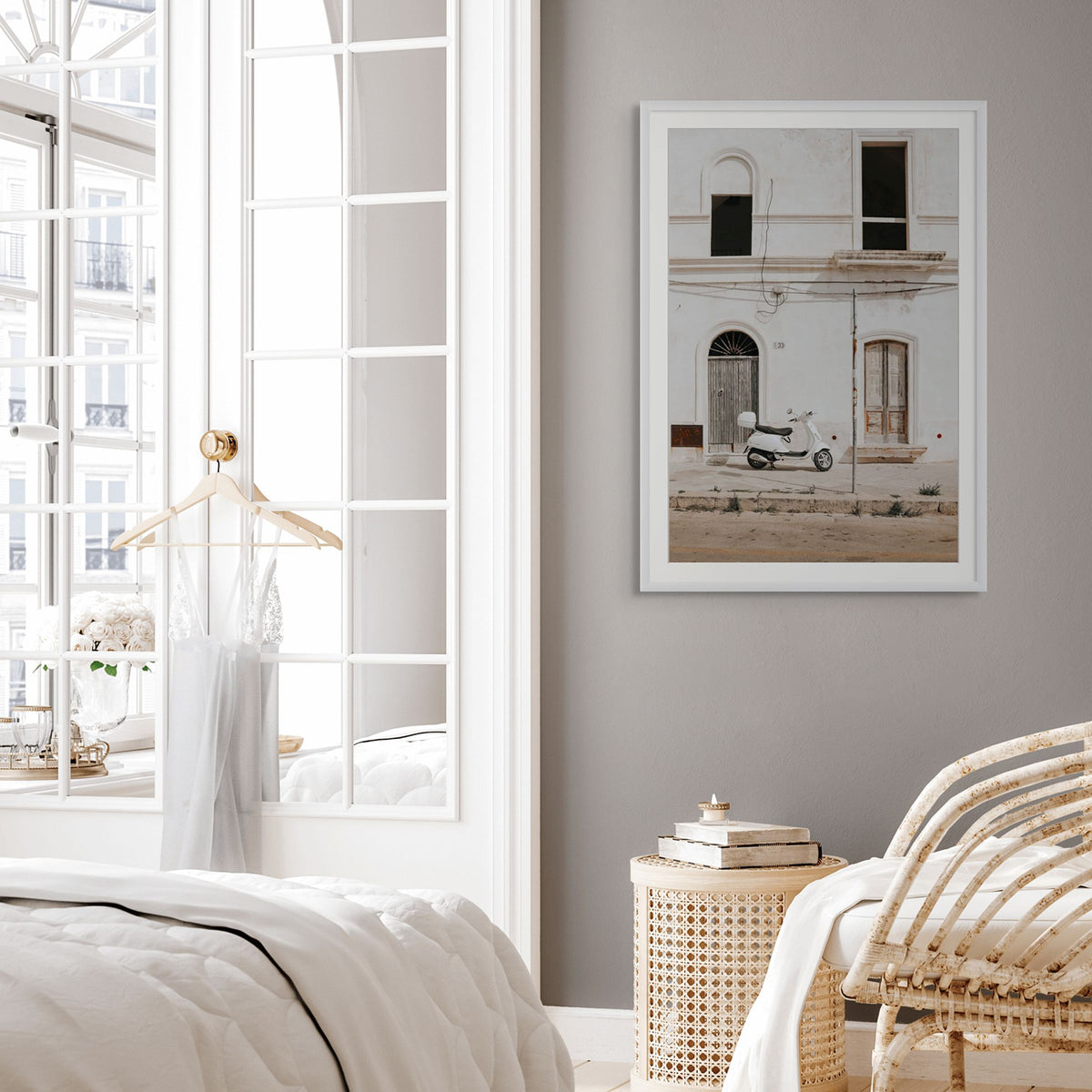 Radiant Ride Puglia Italian wall art white framed print styled in a room