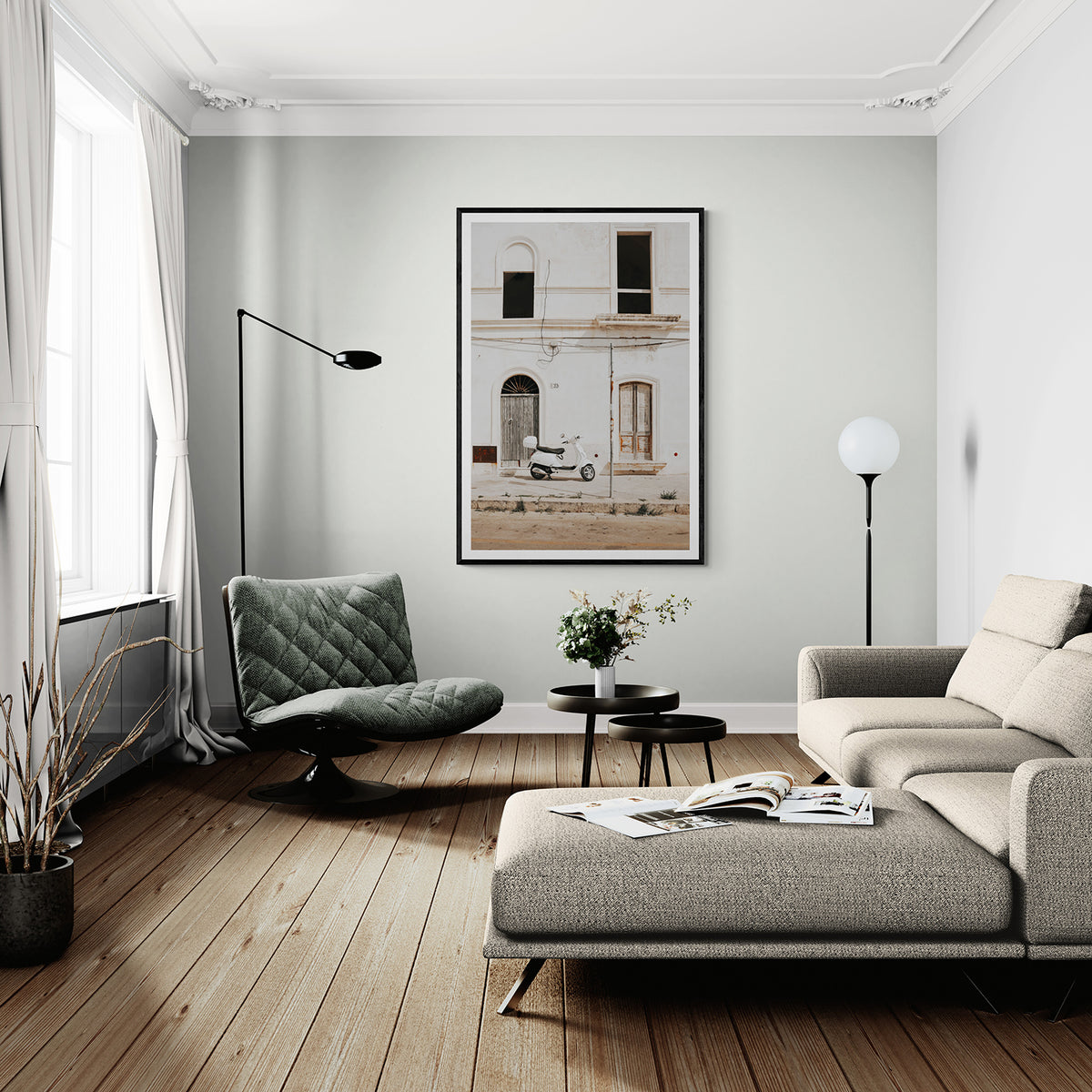 Radiant Ride Puglia Italian wall art black framed print styled in a room