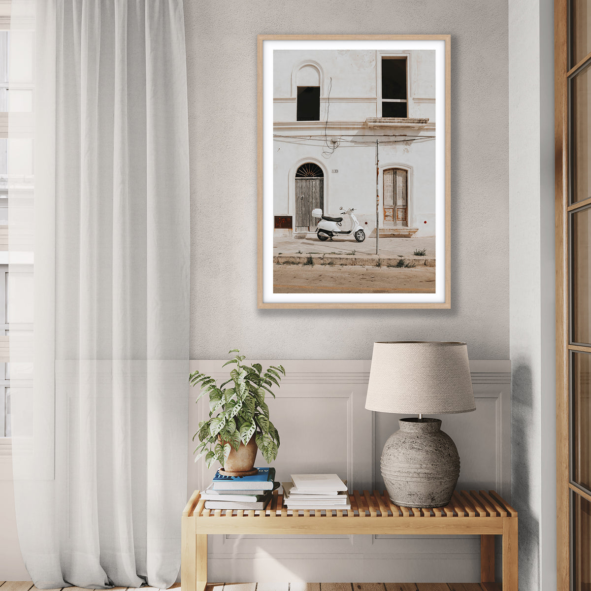 Radiant Ride Puglia Italian wall art natural oak framed print styled in a room