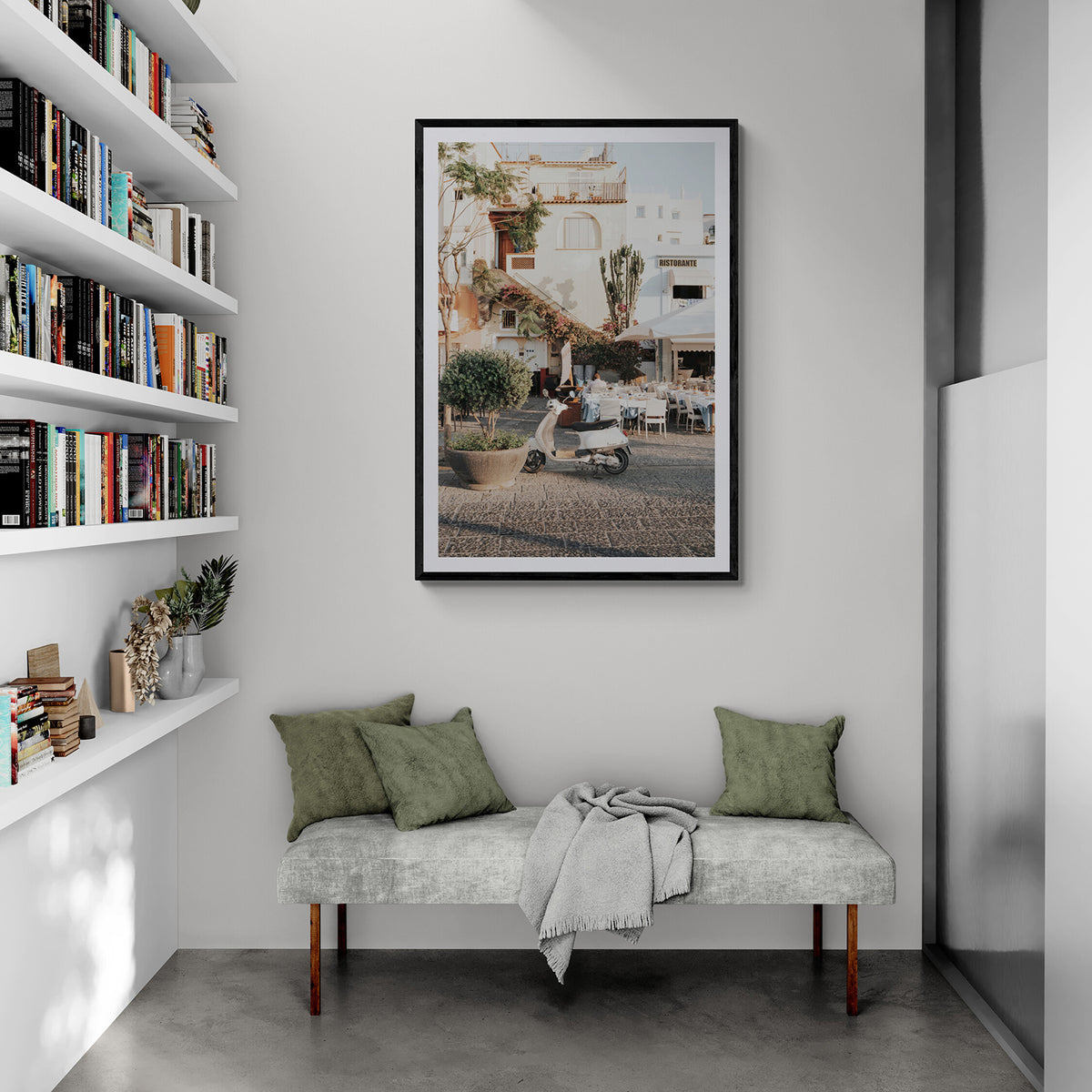 Ristorante Italian Mediterranean decor wall art black framed print styled in a room