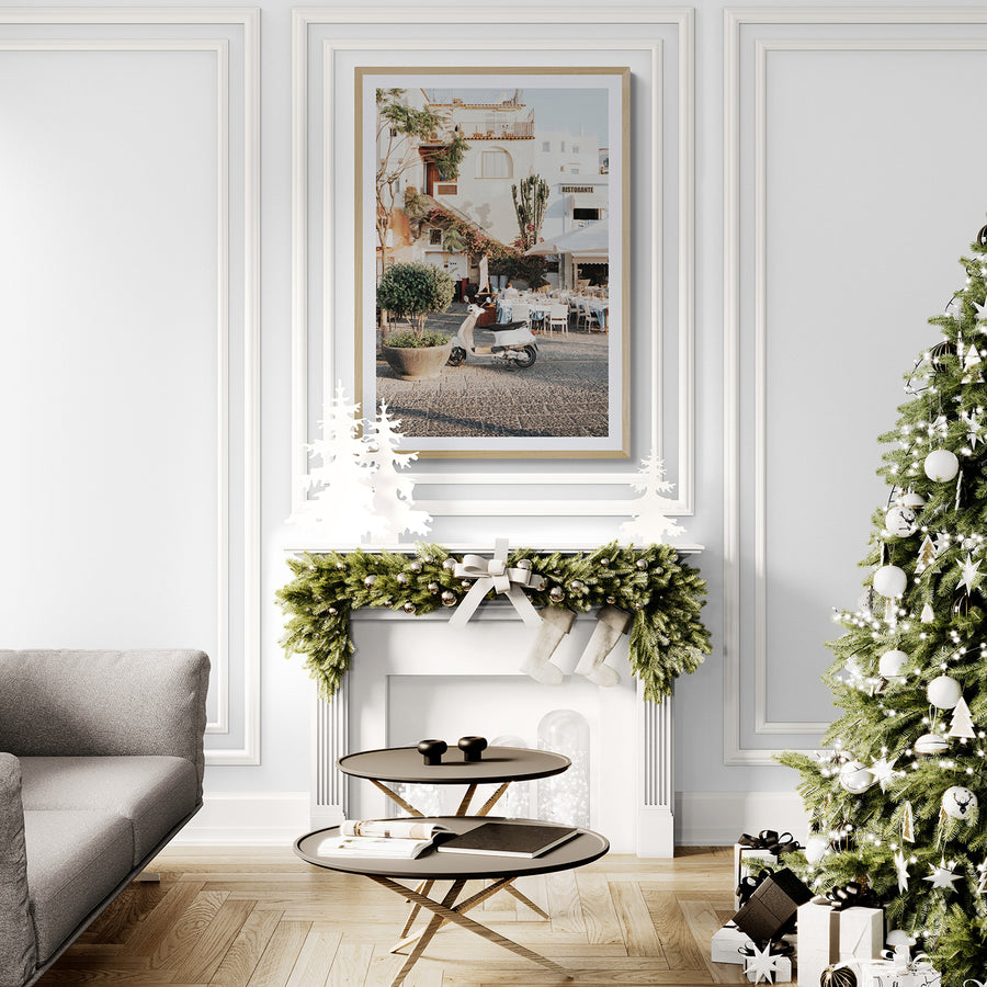 Ristorante Italian Mediterranean decor wall art natural oak framed print styled in a room
