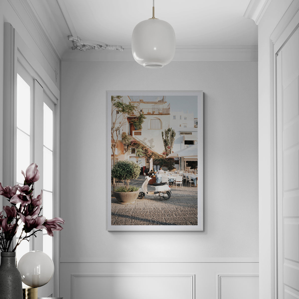 Ristorante framed wall art print styled in a hallway interior