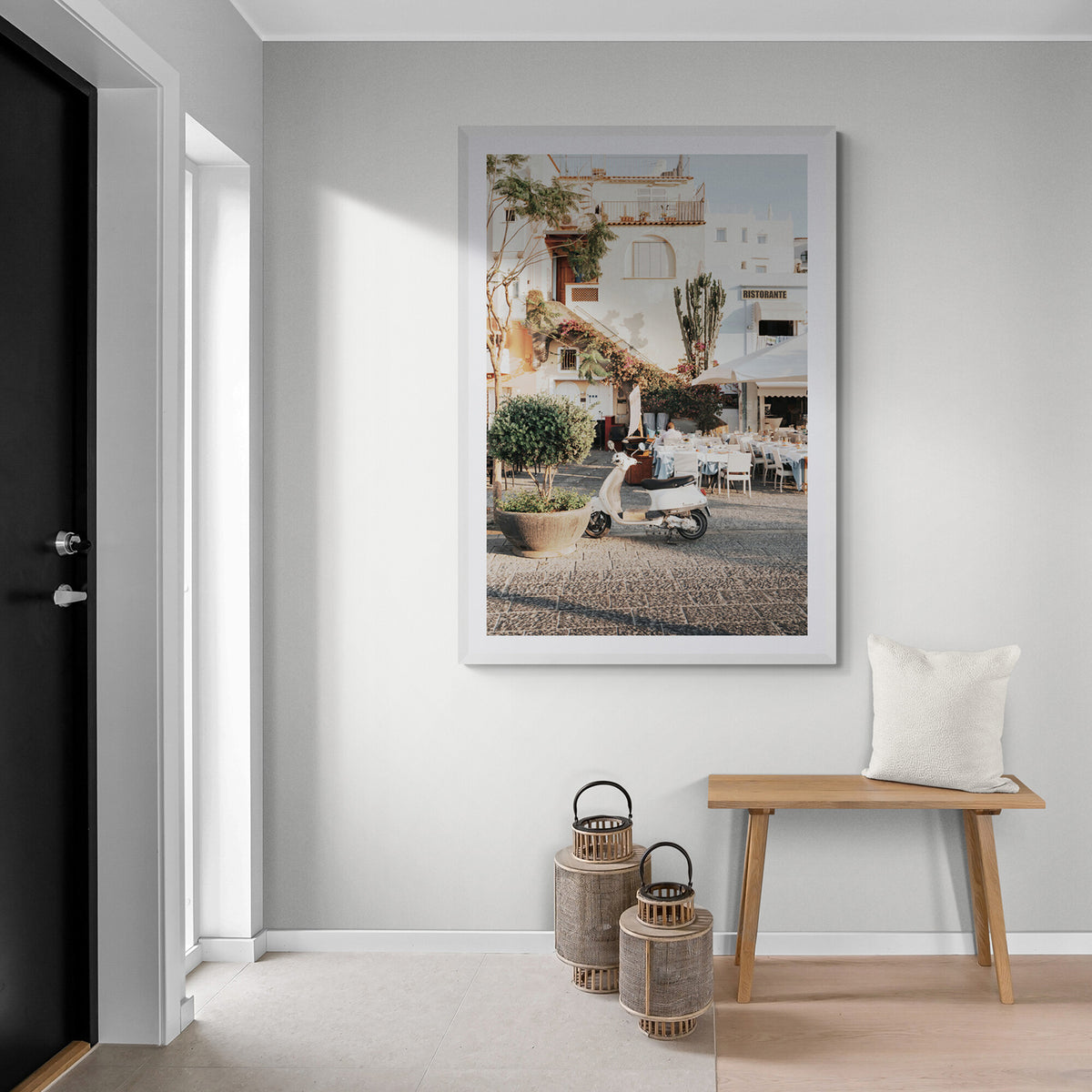 Ristorante Italian Mediterranean decor wall art white framed print styled in a room