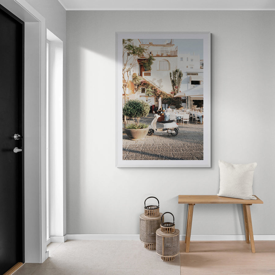 Ristorante Italian Mediterranean decor wall art white framed print styled in a room