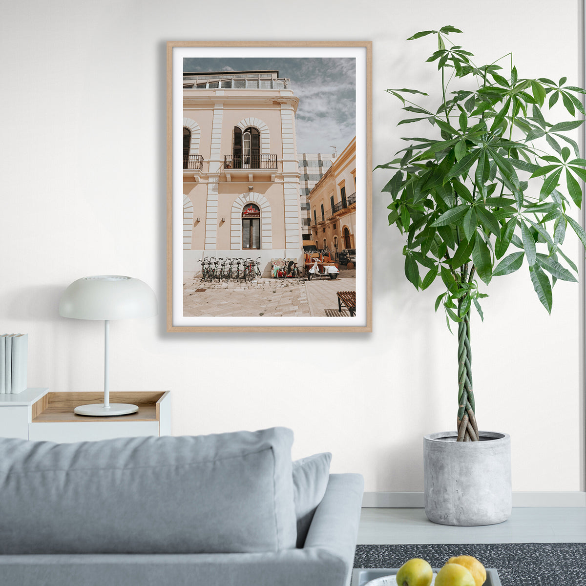 Rosticceria Puglia Italian wall art natural oak framed print styled in a room