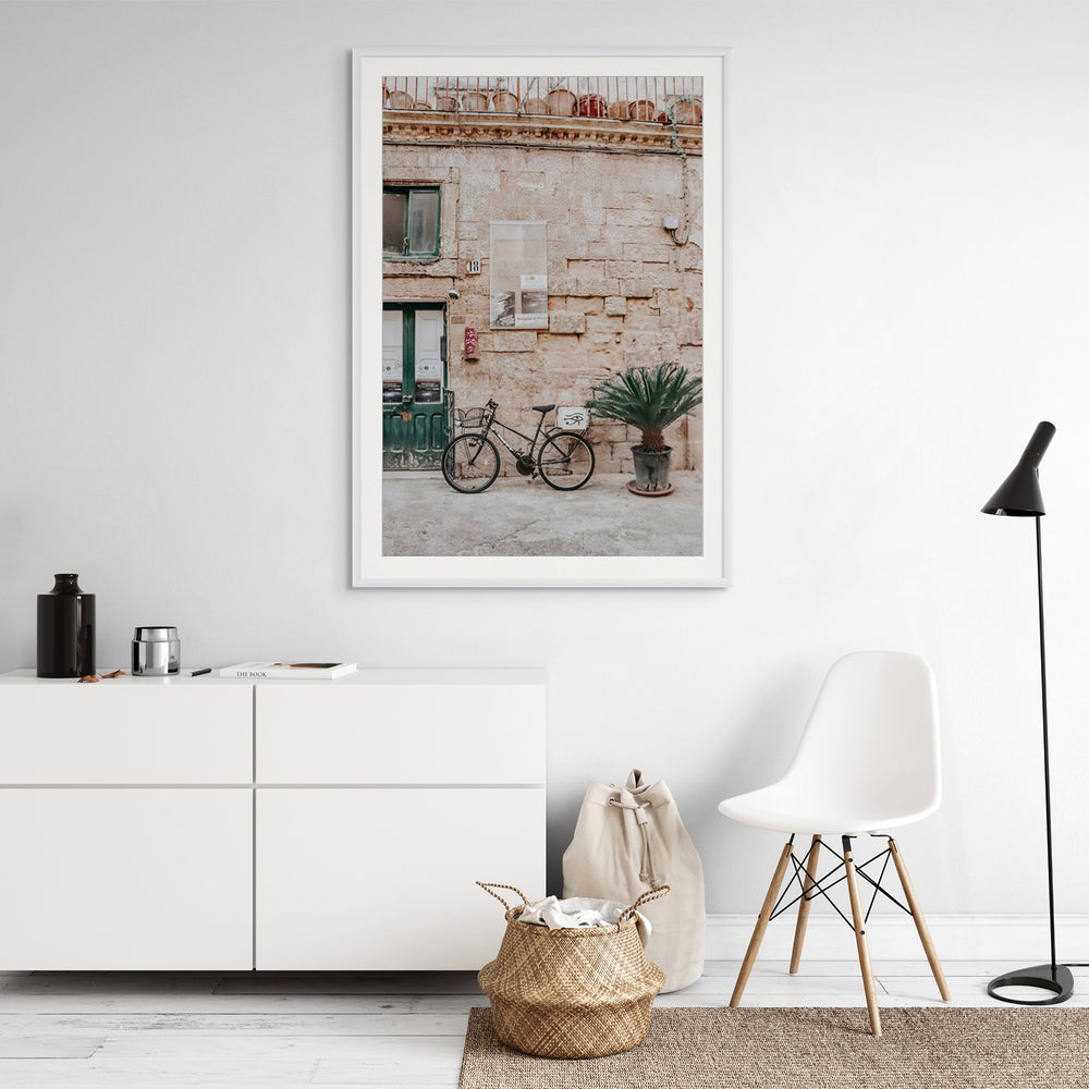 Salento Streets Puglia Lecce Italian wall art white framed print styled in a room