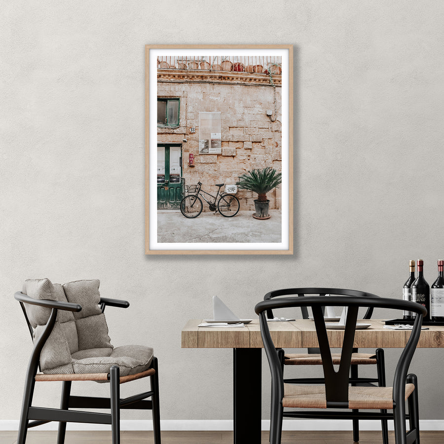 Salento Streets Puglia Lecce Italian wall art natural oak framed print styled in a room