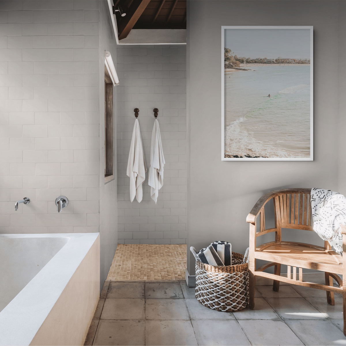 Product mockup of Salt Reverie full-bleed fine art print in white frame styled in a room