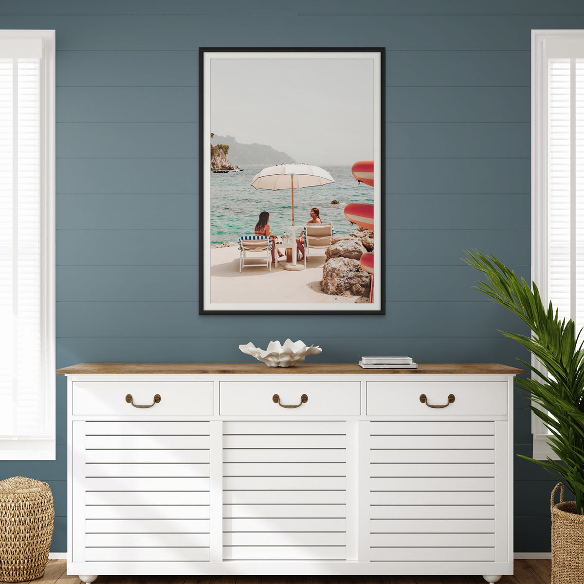 Salty Banter Amalfi Coast Mediterranean wall art black framed print styled in a room