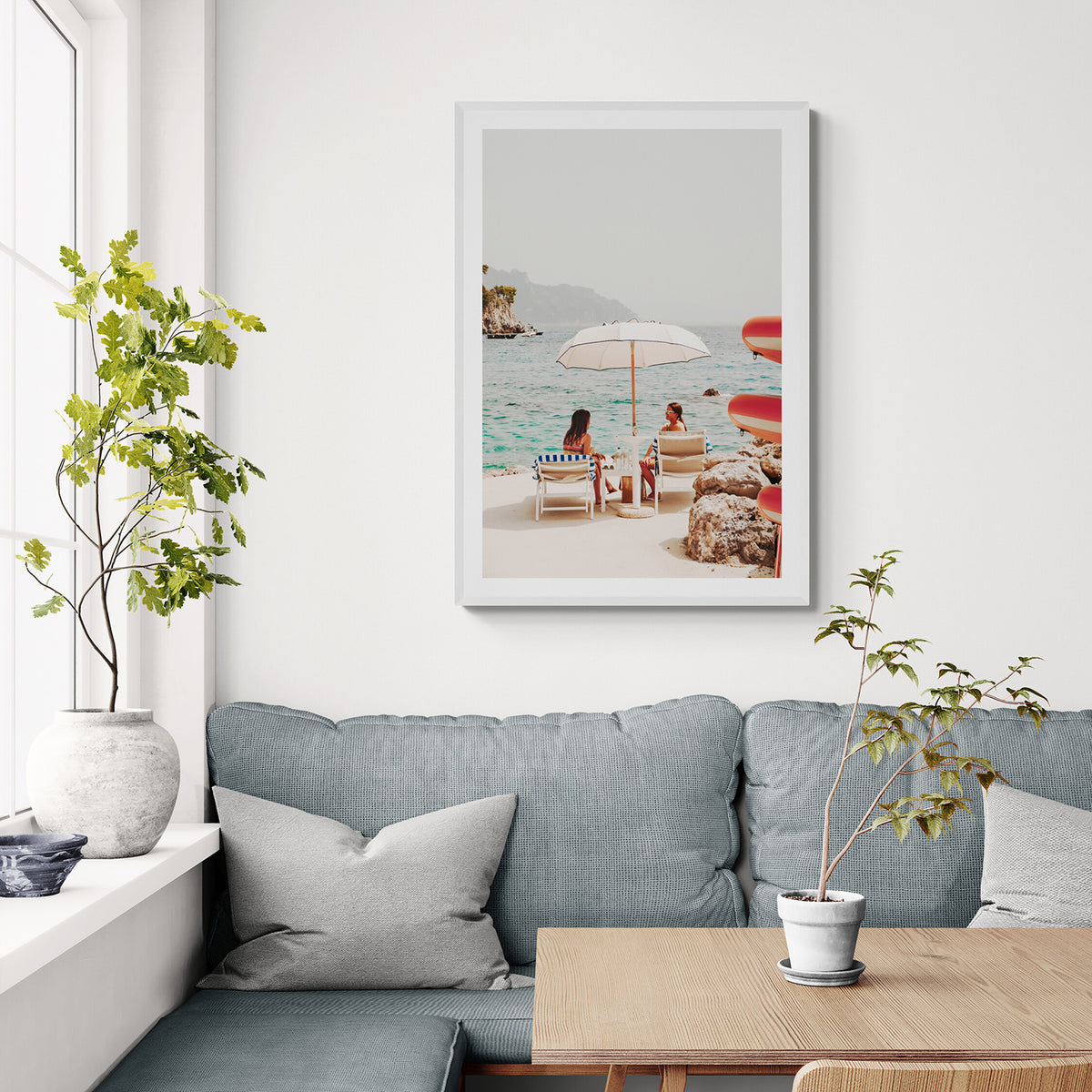 Salty Banter Amalfi Coast Mediterranean wall art white framed print styled in a room