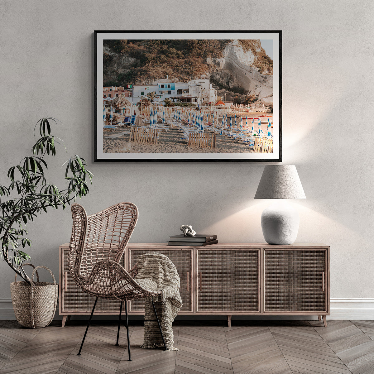 Sant' Angelo Italian Ischia Italian coastal wall art black framed print styled in a room