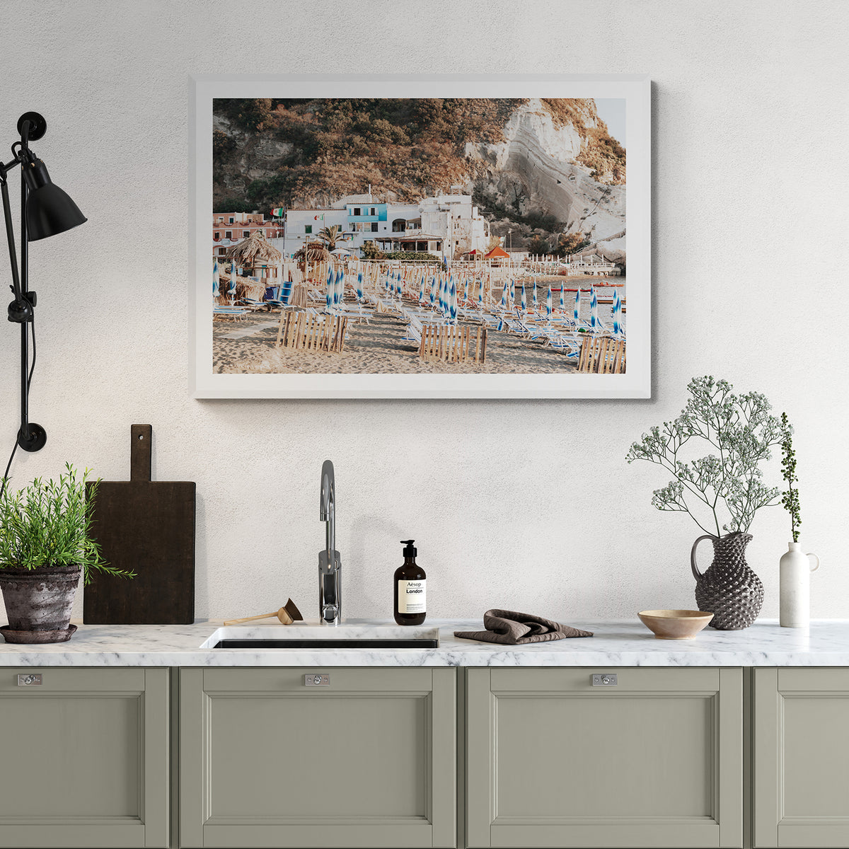 Sant' Angelo Italian Ischia Italian coastal wall art white framed print styled in a room view 3