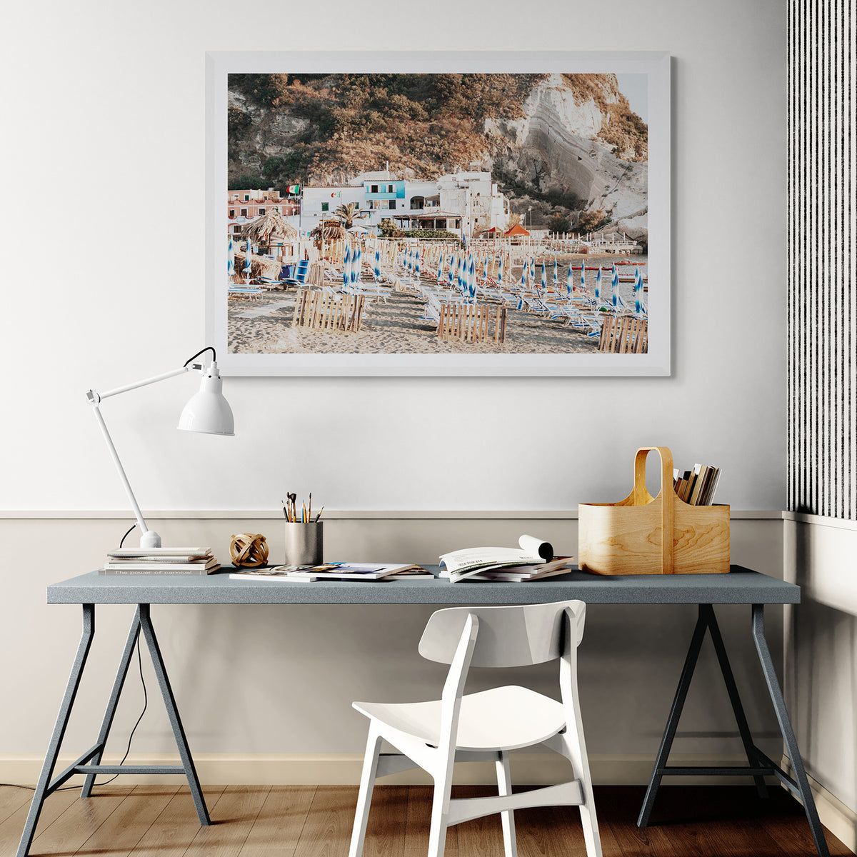 Sant' Angelo Italian Ischia Italian coastal wall art white framed print styled in a room