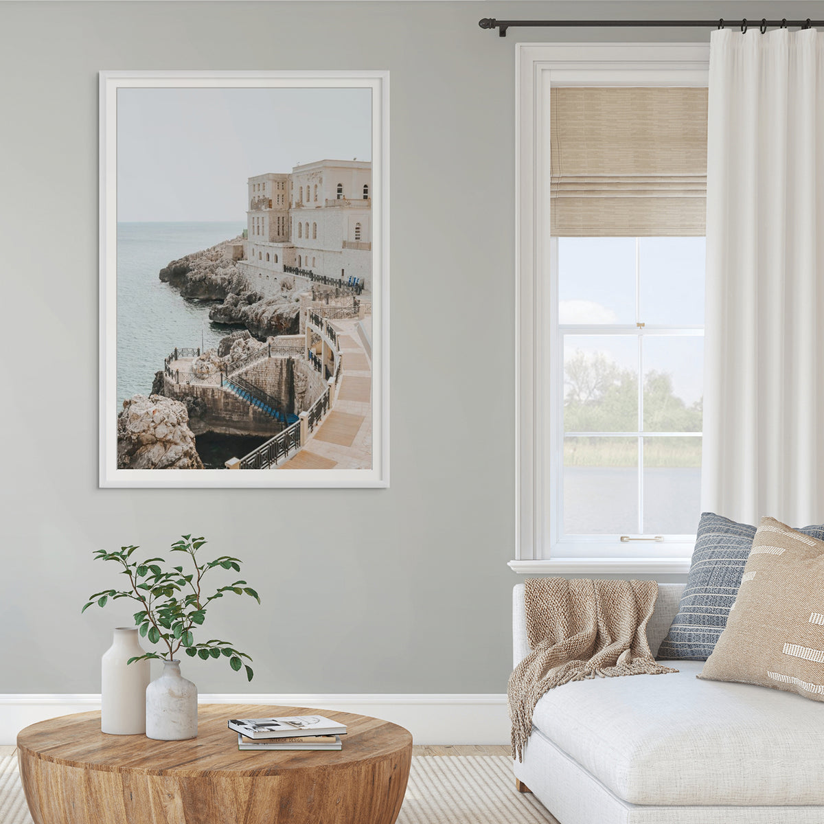 Santa Cesarea Puglia Italian coastal wall art white framed print styled in a room