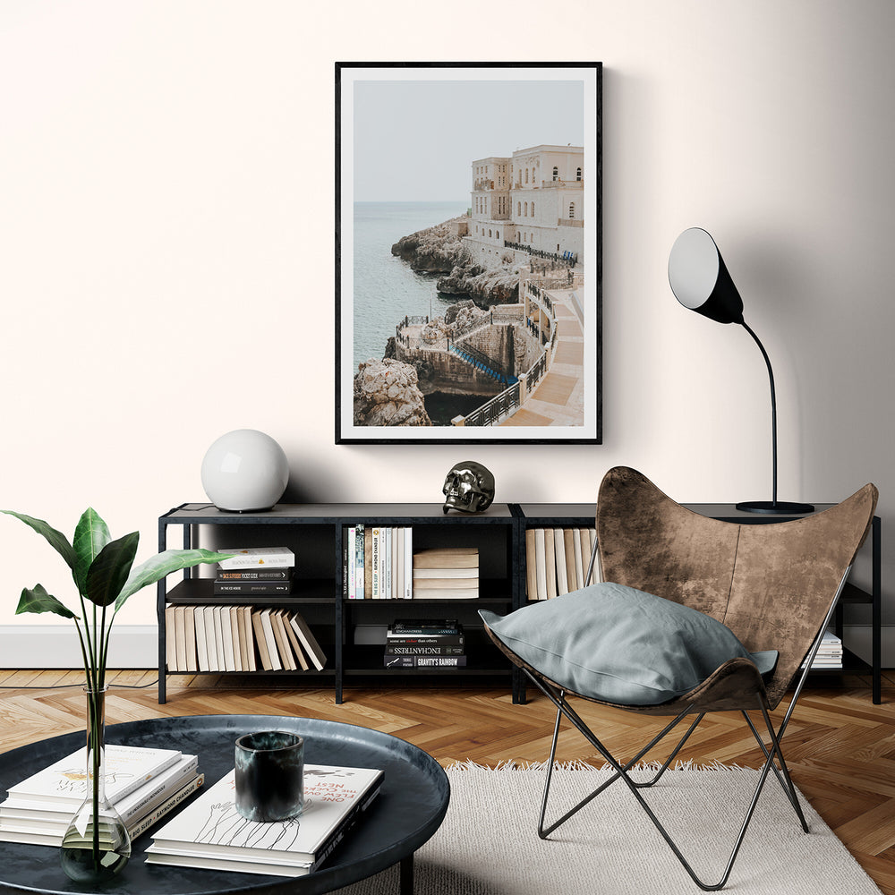 Santa Cesarea Puglia Italian coastal wall art black framed print styled in a room