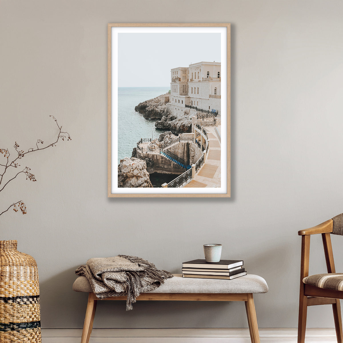 Santa Cesarea Puglia Italian coastal wall art natural oak framed print styled in a room