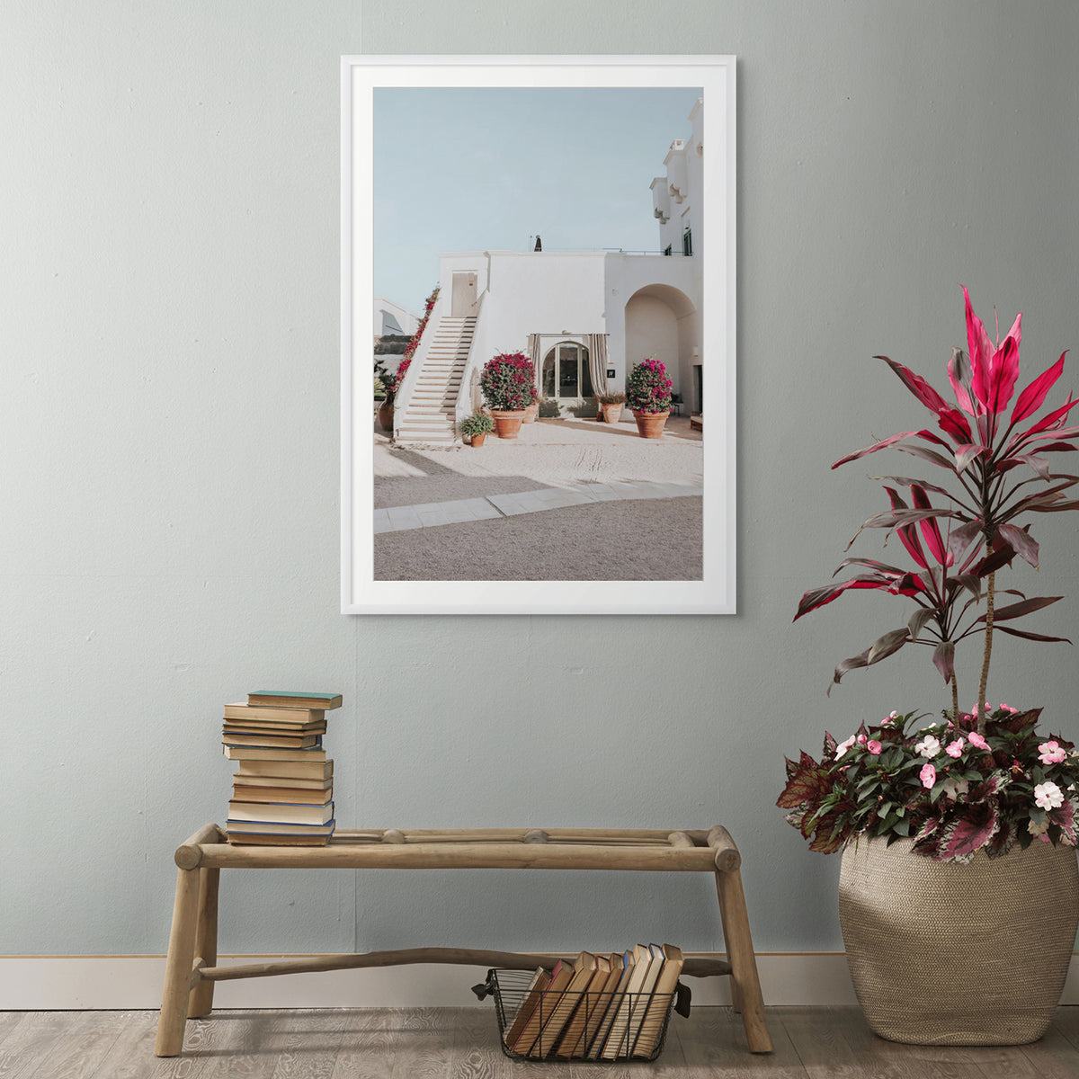 Scala Fiorita Puglia Mediterranean wall art white framed print styled in a room