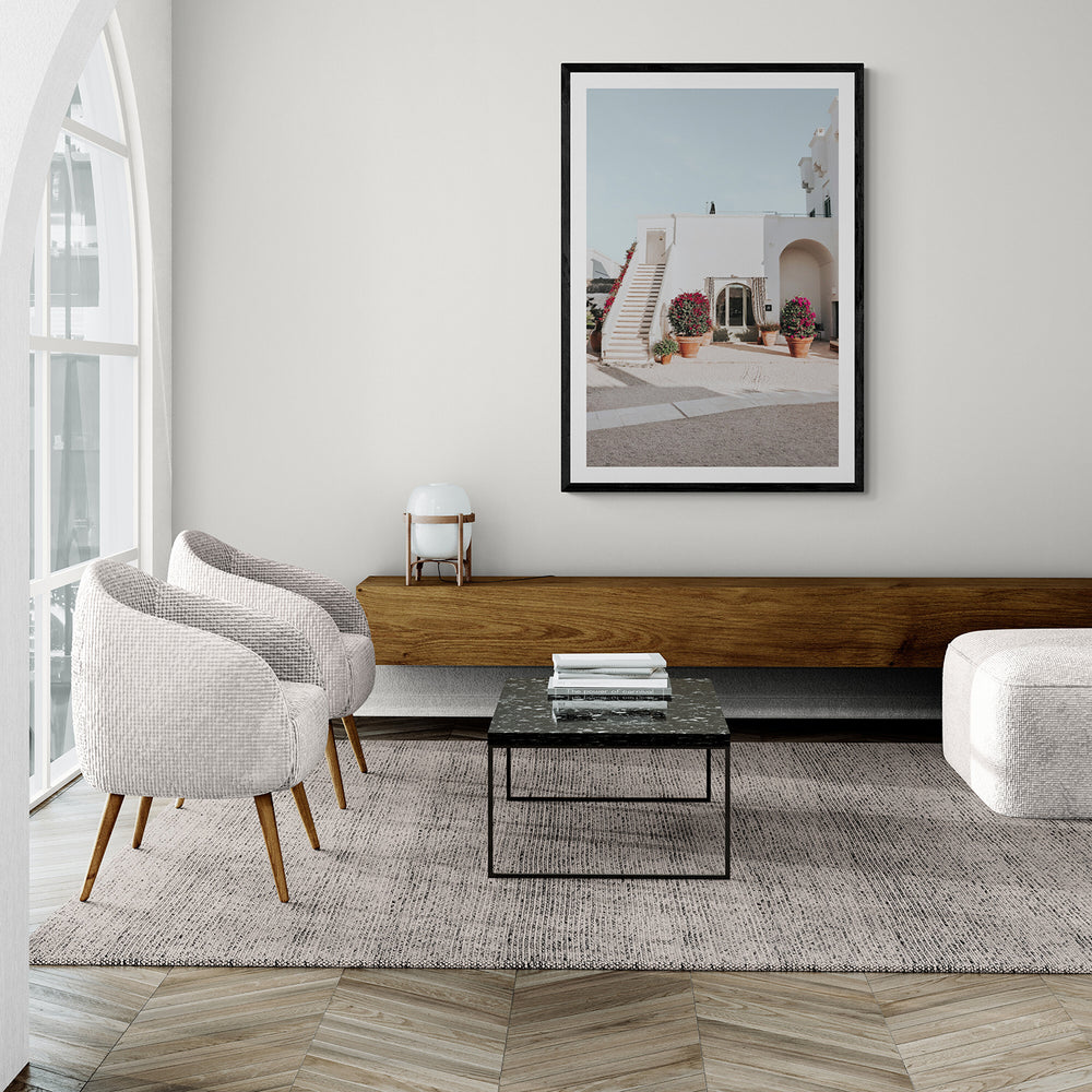 Scala Fiorita Puglia Mediterranean wall art black framed print styled in a room